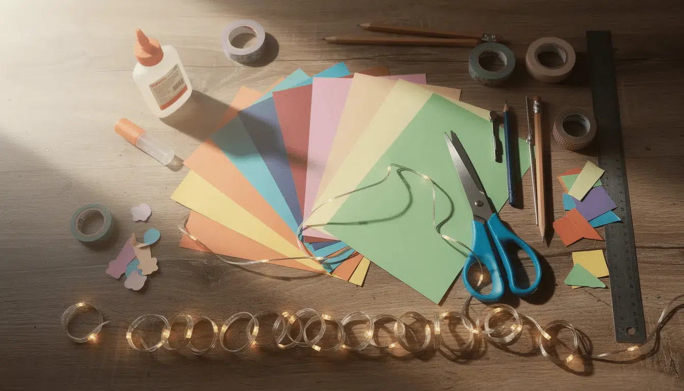 The image features a neatly arranged collection of craft supplies on a wooden work table, including various types of paper, scissors, glue, and LED string lights, perfect for creating a paper lantern or lamp. These materials inspire creativity and can be used to form different shapes and designs for fun craft projects.