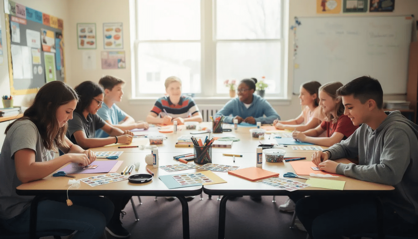 f2ccc6ae-4ef0-4df5-9e08-d8093be207b4 A group of students is seated in a U-shaped arrangement, focused on their crochet lesson, with various craft supplies, including yarn and crochet hooks, spread out on the tables in front of them. The atmosphere is engaging as they learn basic crochet stitches like single crochet and double crochet, guided by their teacher.