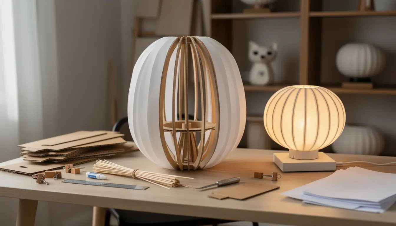 The image depicts a sculptural paper lantern lamp, showcasing a 30 cm sphere made from a cardboard scaffold wrapped in flexible reeds and covered with thin tissue paper. This lightweight design exemplifies creativity in crafts, allowing for different shapes and easy storage by flattening the lantern once the scaffold is removed.