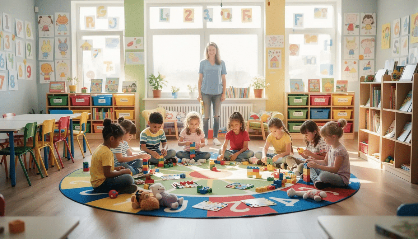 A vibrant kindergarten classroom is filled with children engaged in various indoor recess activities, playing games in the open center space while desks are pushed aside. The scene showcases younger kids actively participating in fun games like musical chairs and building with toys, promoting both gross and fine motor skills during their school day.