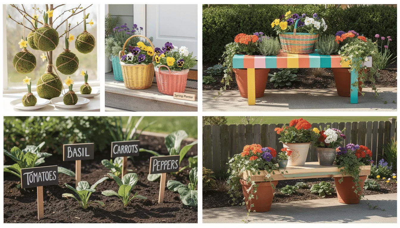 f72ed563-88c4-4647-b6ce-d935307a485c The image showcases a vibrant DIY garden decor display, featuring seasonal projects such as colorful painted basket planters filled with flowers, hanging daffodil kokedama balls, and creative pumpkin groupings. This outdoor space is designed to inspire gardeners with ideas for easy and beautiful container garden arrangements throughout the spring, summer, and fall.