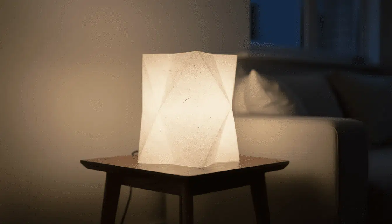 This image features a colorful paper lamp made from tissue paper and construction paper, showcasing different shapes and designs that inspire creativity. The lamp is suspended from the ceiling, casting a warm light and adding a decorative touch to the room.