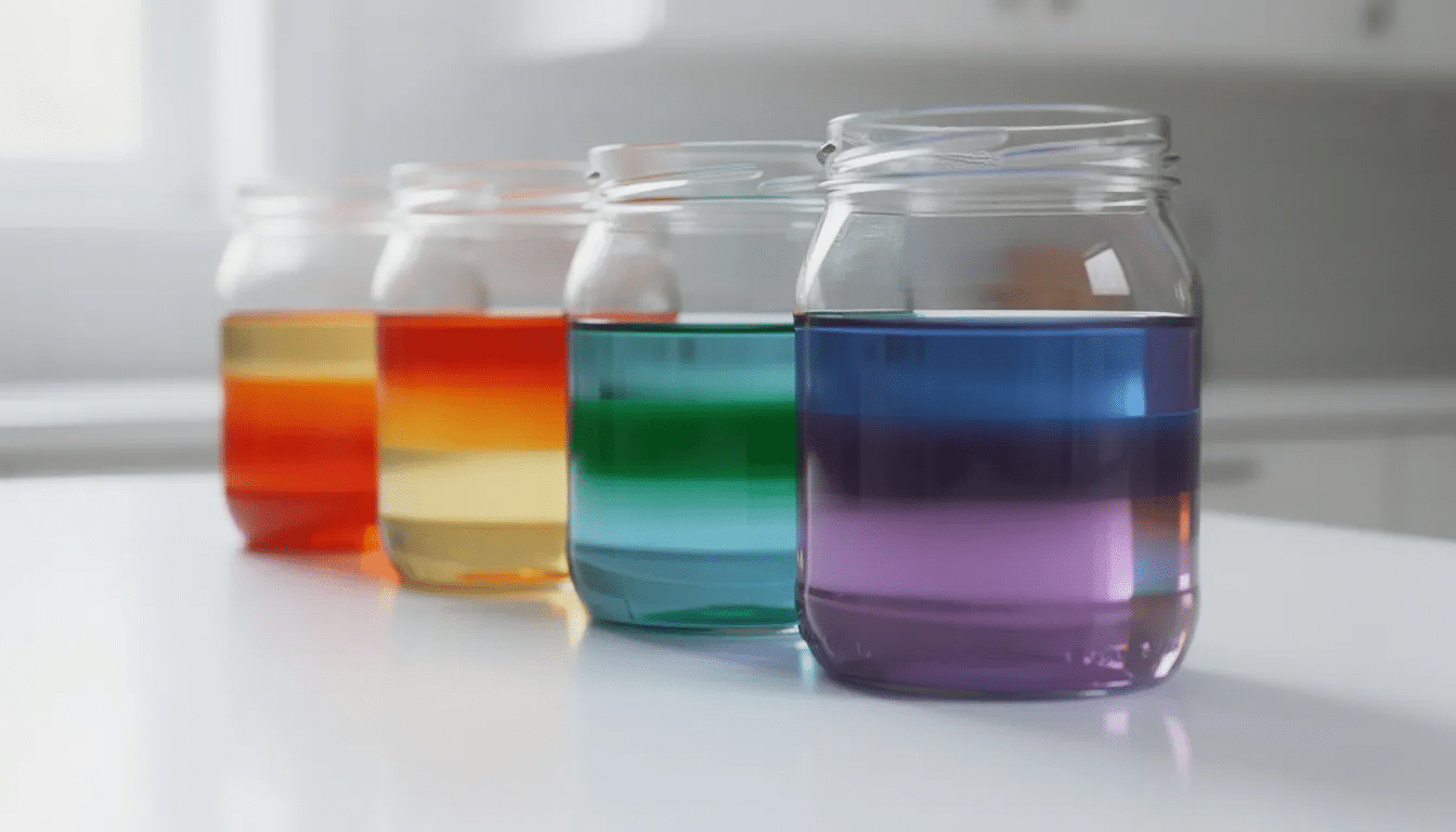 f7b3dbe9-372e-477c-a58f-0f1ac558ba8a The image features clear glass jars filled with colorful layered liquids, showcasing a vibrant display of colors on a white countertop. This hands-on STEM project can engage children in exploring concepts such as density and surface tension using household materials and food coloring.