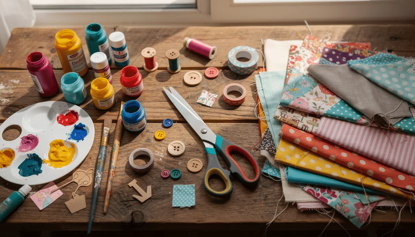 f8228269-c3e8-40ff-a289-061bdce4bbd6 A wooden table is covered with an array of colorful crafting supplies, including vibrant paint, scissors, and assorted fabric scraps, perfect for DIY projects and creating handmade gifts. This setup inspires creativity and offers great ideas for fun crafting experiences at home.