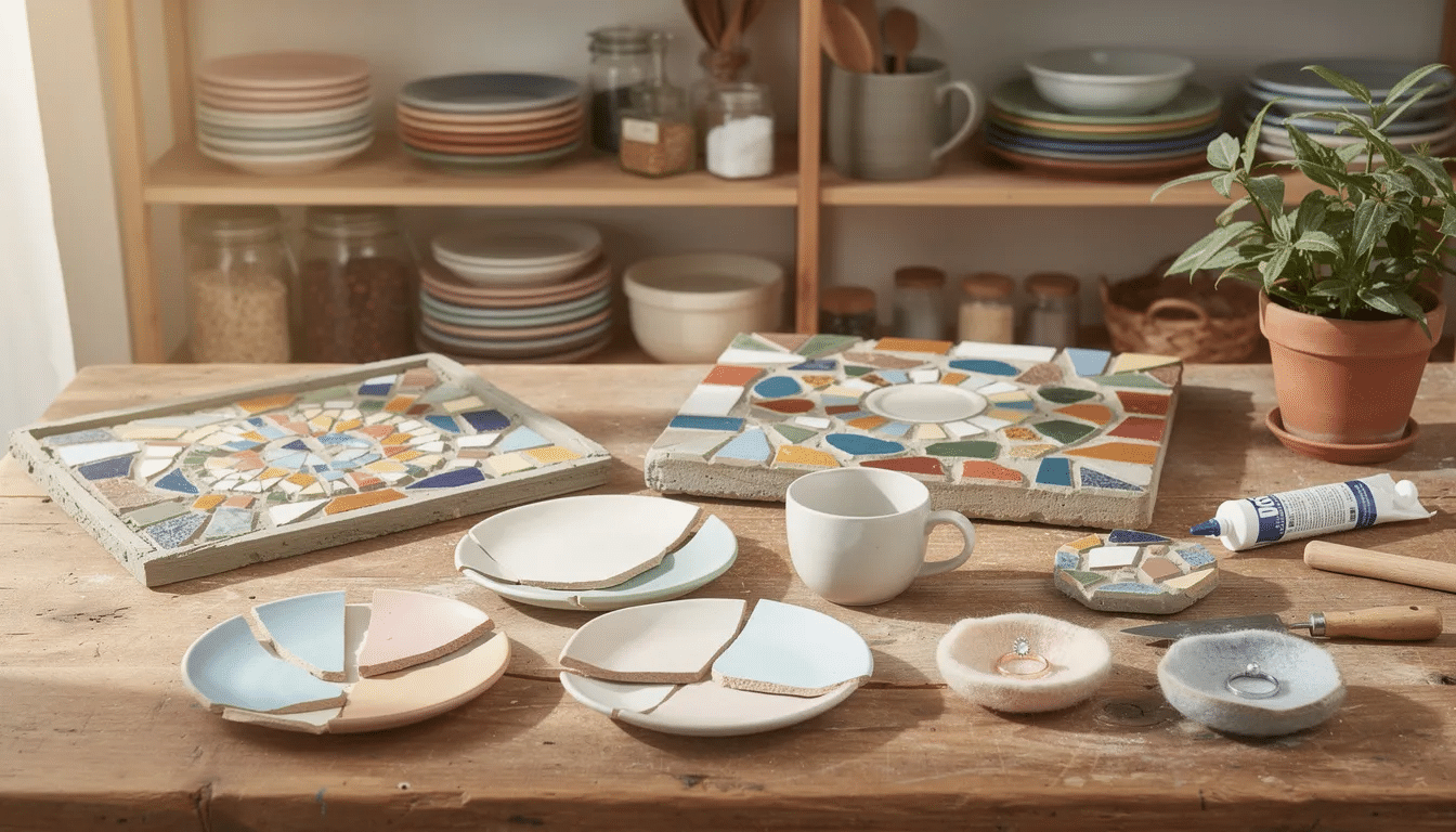 fa07323c-76cf-4122-b8b3-99478f957d2f The image showcases an array of broken crockery and ceramics, including chipped plates and cracked mugs, creatively transformed into various upcycling projects. Ideas such as mosaic trays, colorful garden stepping stones, and jewelry dishes highlight the potential of these discarded items to embrace sustainable changes and create beautiful decor for the home.