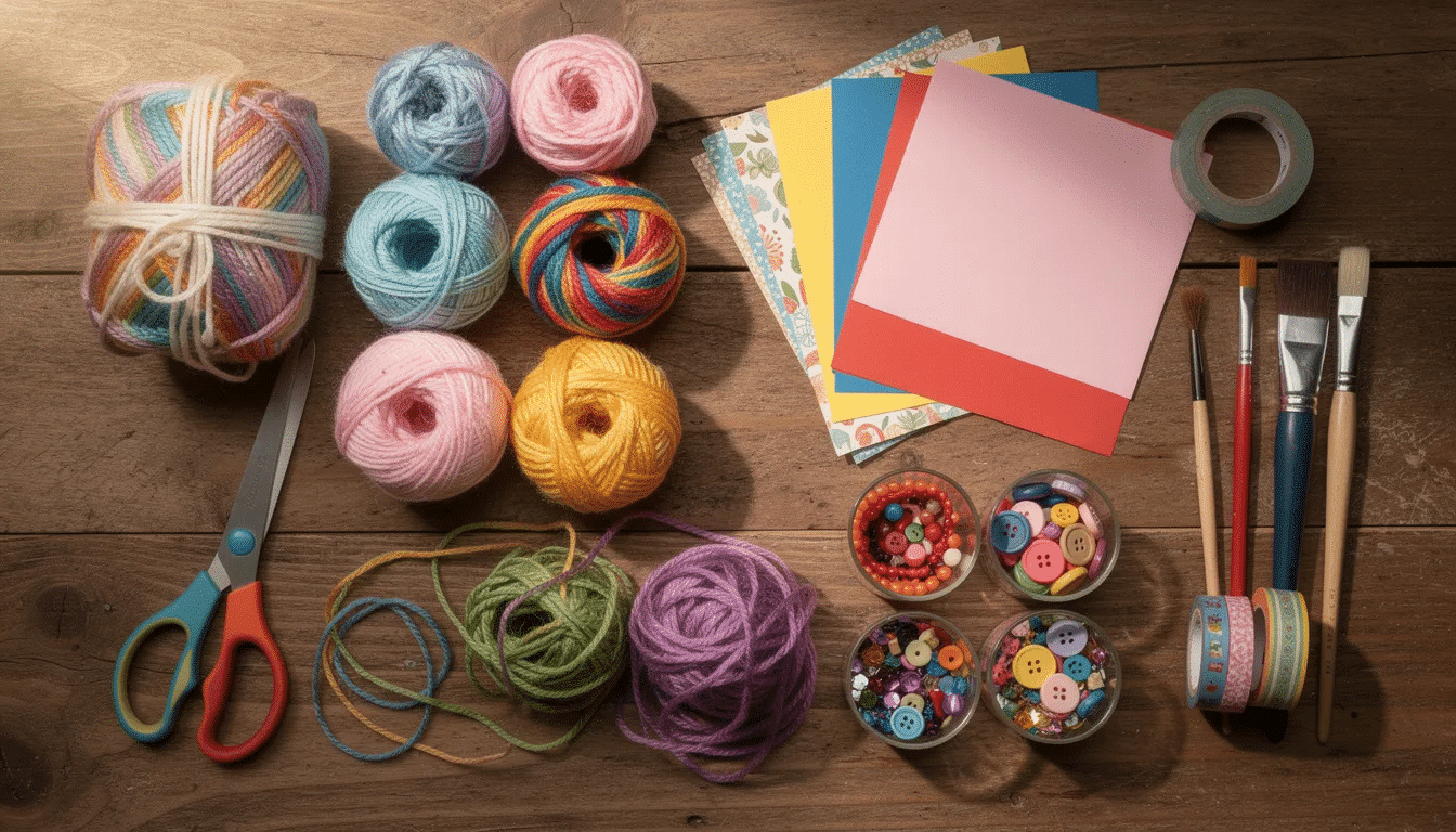 fe5c7c08-ee5d-4ec9-bf4e-4ad822db46c6 A flat lay image showcases a vibrant arrangement of craft supplies on a wooden table, featuring scissors, colorful yarn, assorted paper, and small jars. This collection of materials highlights endless possibilities for fun craft projects and DIY ideas, perfect for creating handmade gifts or exploring new creative endeavors.