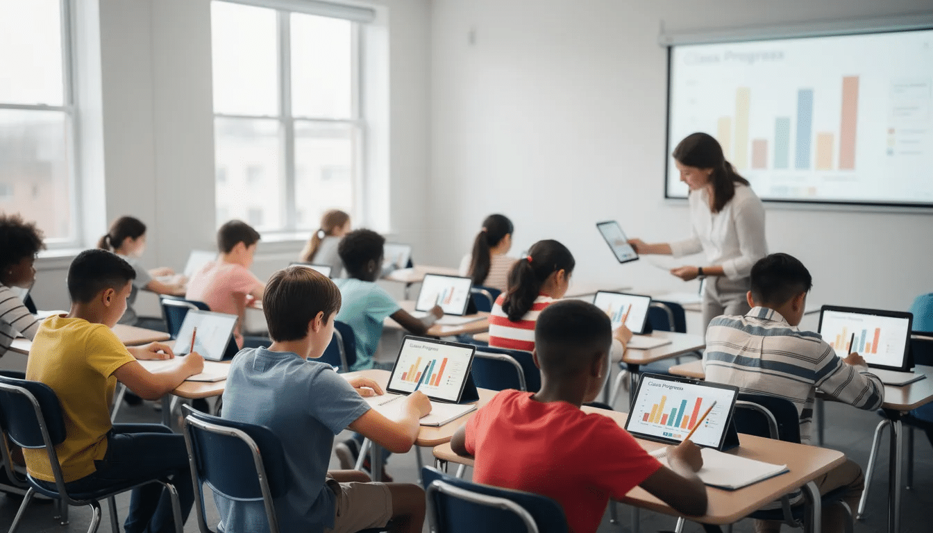 In a classroom setting, students are actively engaged with tablets, participating in interactive learning games while a teacher monitors their progress and provides instant feedback. This environment fosters skills development and enhances knowledge retention through fun educational activities.