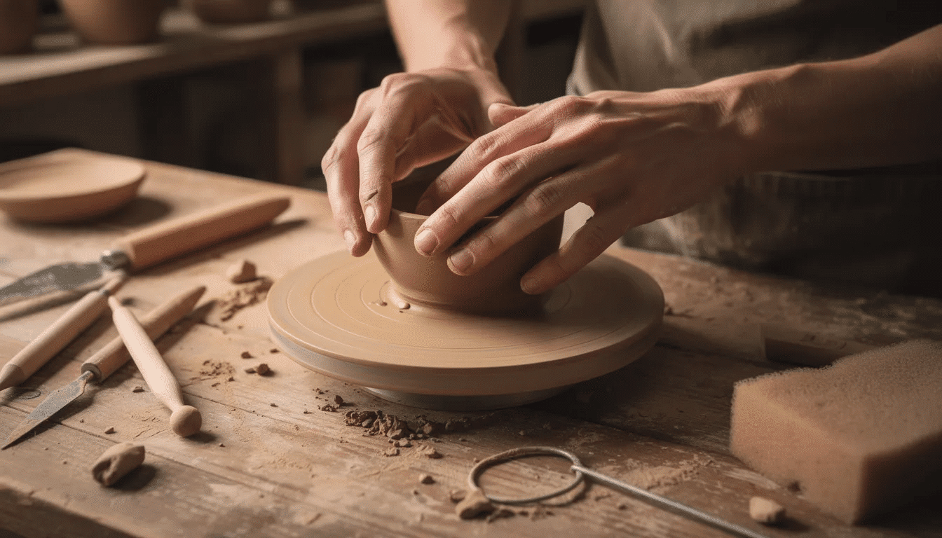 ffaec16c-ed4c-4dd1-a741-9bdbdb9f9666 A pair of hands skillfully shaping a small clay bowl on a wooden work surface, surrounded by various craft tools, showcasing the creativity and fun of DIY projects. The scene highlights the joy of hand crafting ideas with simple materials.