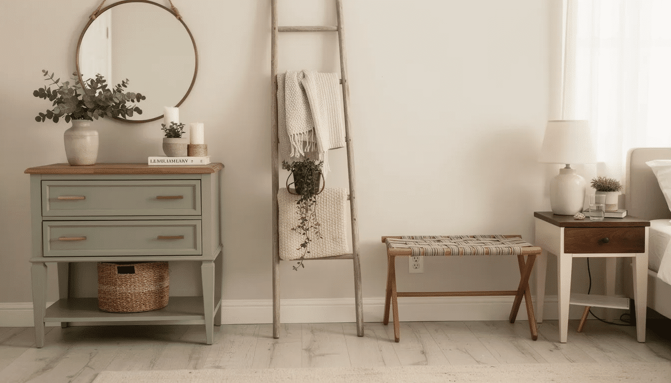 ffc4aa5f-1584-416d-a1b1-449790180c0e The image showcases a beautifully upcycled dresser, transformed with fresh paint and new hardware, perfect for use as an entryway console or bedroom storage. Nearby, a vintage wooden ladder serves as a charming blanket ladder, illustrating the endless possibilities of upcycling home decor with a bit of creativity.
