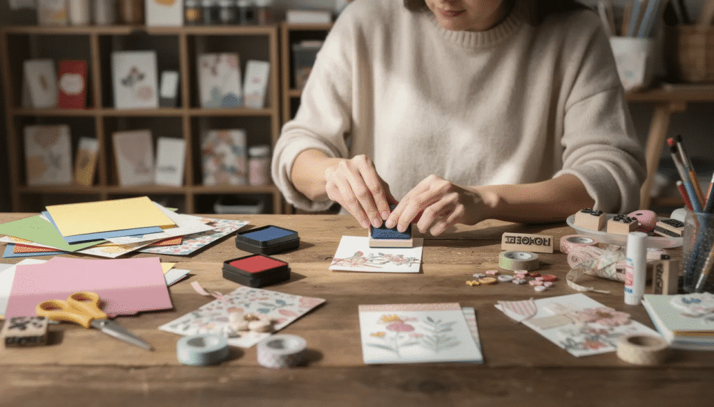 A person is crafting handmade cards at a bright workspace, surrounded by various types of paper and colorful stamps, showcasing their creativity. The scene captures the joy of working with craft supplies in a shop-like setting, perfect for personalizing projects.