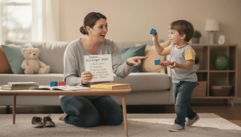 A child is engaged in an indoor scavenger hunt, searching for specific objects like stuffed animals and plastic cups around the play area. This fun activity enhances their fine and gross motor skills while promoting problem-solving in a safe environment.
