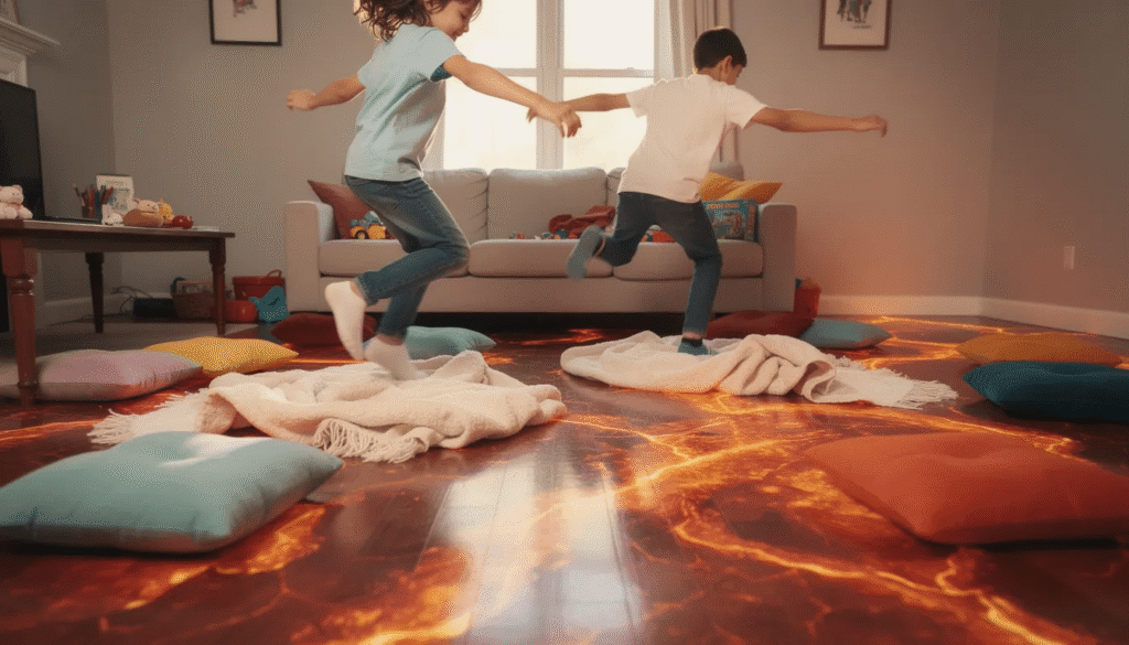 Chilsren playing floor is lava.