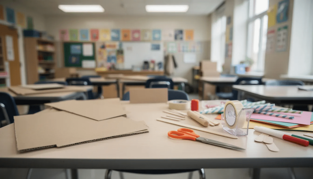 The image shows a classroom table filled with cardboard, scissors, tape, and various simple building materials, illustrating a hands-on learning environment where students can engage in STEM activities. This setup encourages critical thinking and problem-solving skills as young students prepare for real-world challenges through creative projects.