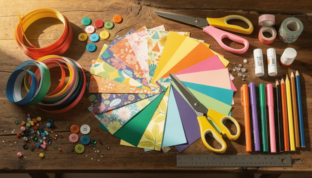 A vibrant assortment of craft supplies, including colorful paper, various ribbons, and essential tools, is neatly arranged on a wooden table, inviting creativity for upcoming projects. This selection highlights the diversity of items available at wholesale craft supply outlets, perfect for anyone looking to personalize their crafts.