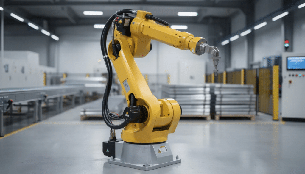 The image shows an industrial robotic arm actively working in a factory setting, showcasing the integration of technology and engineering in real-world applications. This example of STEM education illustrates how students can engage with advanced machinery, sparking curiosity and critical thinking skills essential for future STEM careers.