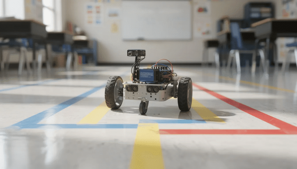 The image shows a small wheeled robot positioned on a classroom floor marked with tape lines, illustrating an example of STEM education. This hands-on learning activity encourages high school students to develop critical thinking and problem-solving skills while engaging with technology and engineering concepts.