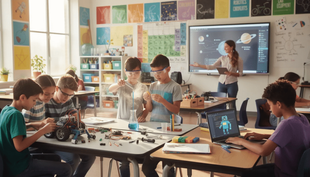 The image showcases a vibrant classroom filled with high school students engaged in various STEM education projects, including hands-on science experiments and programming robots. These activities promote critical thinking, problem-solving skills, and student engagement, preparing young minds for real-world challenges and potential STEM careers.