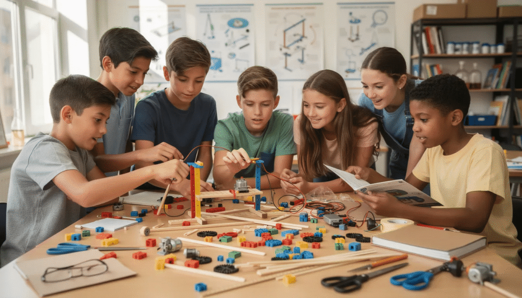 The image shows a group of high school students gathered around a table, actively engaged in a hands-on science project using various building materials. This collaborative environment fosters critical thinking and problem-solving skills, exemplifying effective STEM education practices.