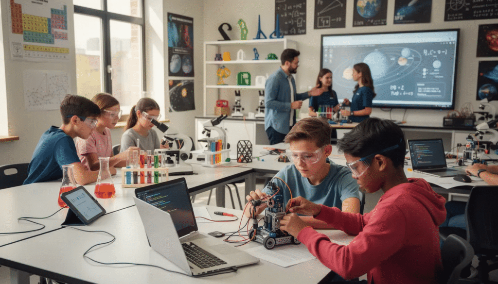 The image showcases high school students engaged in a hands-on STEM education project, where they are collaborating to tackle real-world challenges through science experiments and problem-solving activities. This example of STEM learning emphasizes critical thinking skills and prepares students for future STEM careers by sparking curiosity and fostering technical skills.