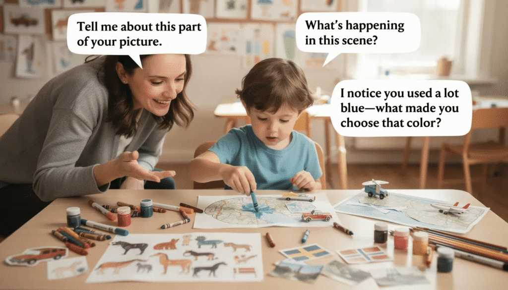 A child is engaged in creating art, surrounded by various materials like crayons and paper, as they express their imagination through drawing. Their artwork features vibrant colors and repeated themes, providing insight into their interests and encouraging conversation about their creative process.