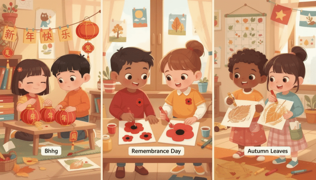 The image depicts children engaged in themed crafts, such as making colorful paper lanterns for Lunar New Year and poppy crafts for Remembrance Day, showcasing their creativity and fine motor skills. These engaging projects connect art to meaningful cultural events, enhancing their learning and self-esteem through the creative process.