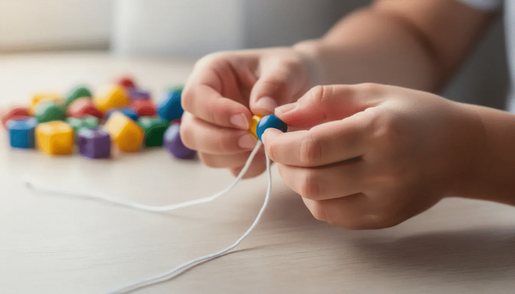 A close-up view of a child's hands skillfully threading vibrant beads onto a string, showcasing their fine motor skills and creativity in the art of crafting. This engaging activity not only fosters focus and patience but also supports the development of critical thinking skills as they explore their imaginative ideas.