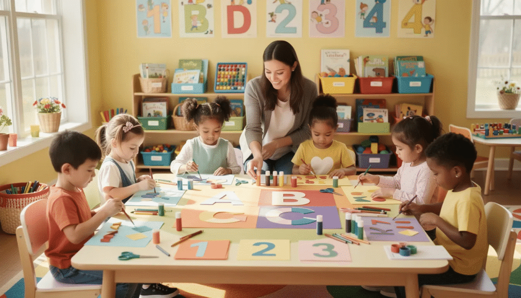 The image depicts children engaged in various art and craft activities, such as painting and drawing, which help them develop fine motor skills and critical thinking. Through the creative process, these kids explore different materials, enhancing their confidence and self-esteem while enjoying the importance of learning through art.