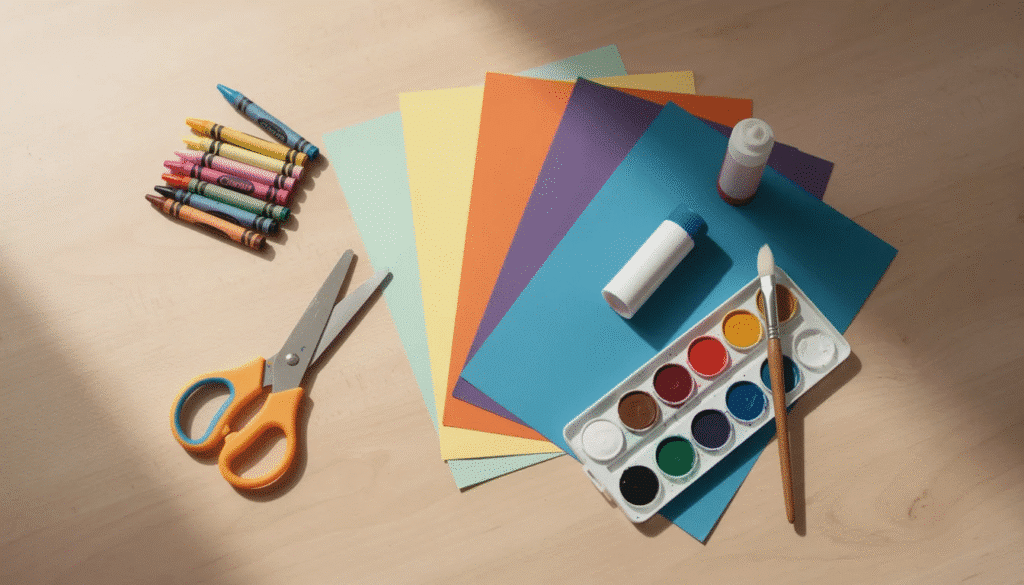 A collection of simple craft supplies including crayons, scissors, colored paper, glue sticks, and watercolors is neatly arranged on a wooden table, providing children with the tools to engage in the creative process and develop their fine motor skills and imagination through art. These materials encourage kids to explore their ideas and enhance their confidence while creating various art forms.