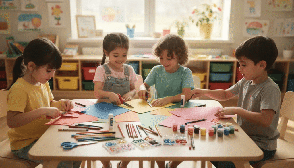 A group of upper elementary students is gathered around a craft table, joyfully working together on colorful Christmas crafts using various art supplies like construction paper, pom poms, and leftover wrapping paper. The scene embodies holiday cheer as the children create festive decorations and handmade ornaments, fostering creativity and collaboration during the holiday season.