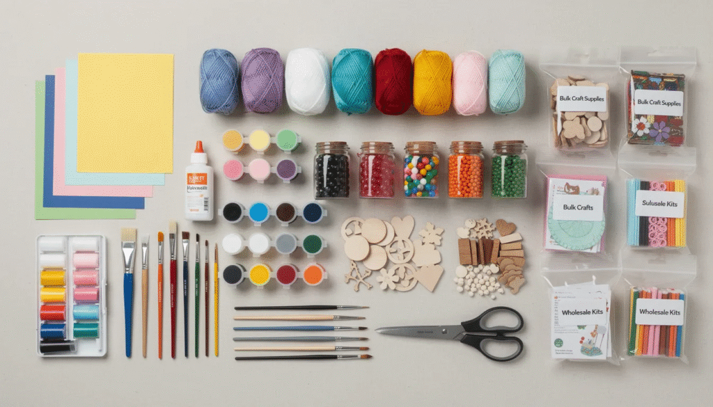 The image showcases a variety of wholesale craft supplies neatly organized in a store setting, featuring an array of colorful paper, tools, and project kits that invite creativity. Customers can browse through the selection to find the perfect items for their crafting needs, making it easy to personalize their projects.