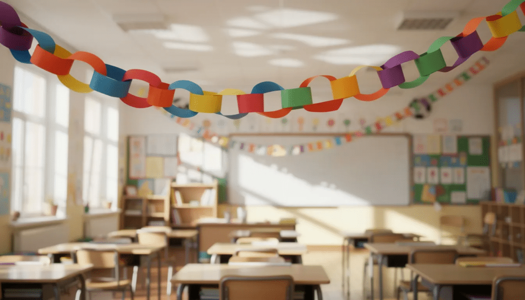 A colorful paper chain garland made from construction paper is strung across the ceiling of a classroom, adding a festive touch for the holiday season. This vibrant decoration enhances the school environment, encouraging upper elementary students to engage in creative holiday crafts and celebrate the joy of Christmas traditions.