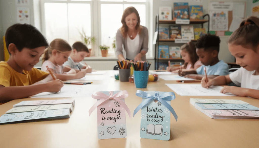 The image shows upper elementary students engaged in a crafting session, coloring and cutting bookmark templates that feature quotes about kindness and winter reading motivation. The completed bookmarks are tied with colorful ribbons, ready to be gifted to younger children or family members, showcasing a fun way to encourage creativity and fine motor skills during the holiday season.