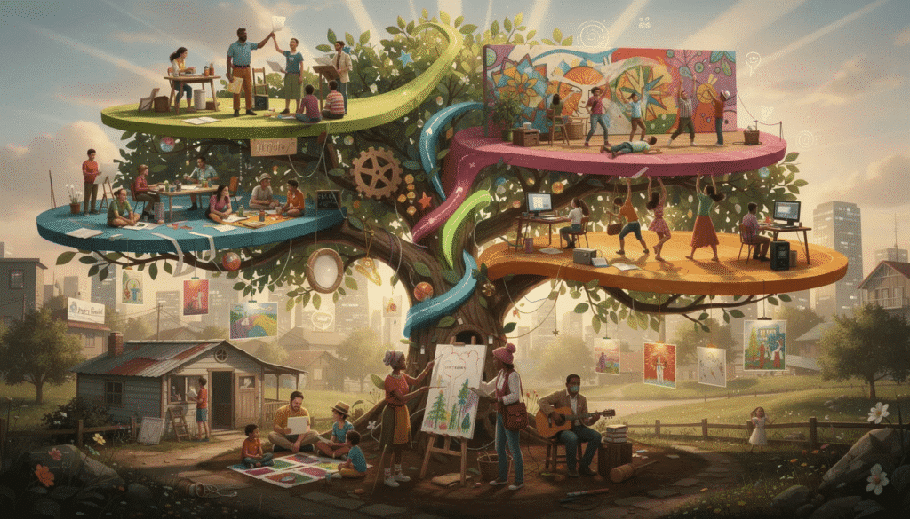 The image depicts a vibrant community art exhibition showcasing the work of local artists, highlighting the transformative power of arts for development in addressing societal inequities and promoting sustainable development. Various textile arts and creative expressions are displayed, symbolizing the collective care and innovative approaches to global challenges such as climate crises and social justice.