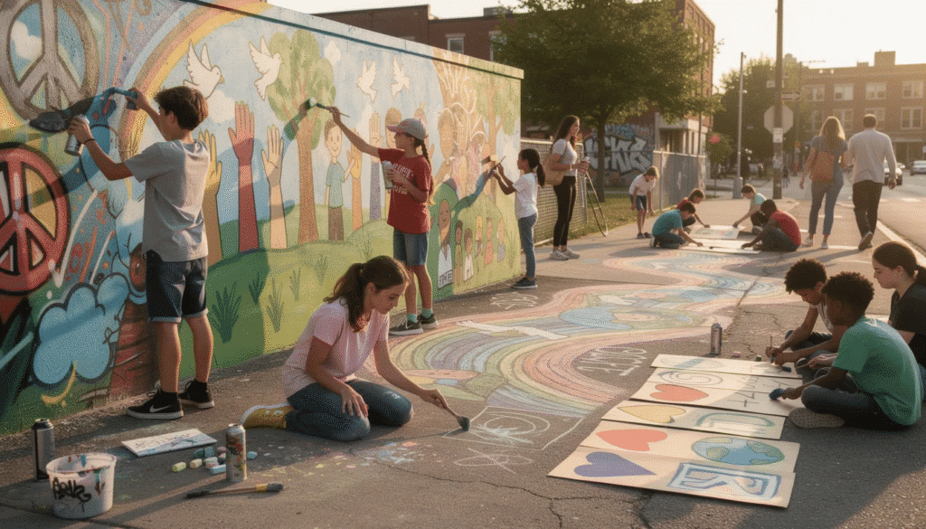 The image showcases children and young people engaged in various art forms, including textile arts and creative expression, as they collaborate to address social issues and promote community development. Their artwork reflects a passionate response to global challenges such as climate action and societal inequities, highlighting the transformative power of art in fostering well-being and collective care.