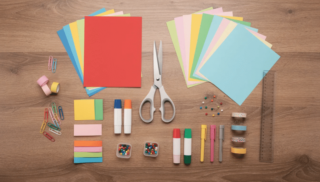 A wooden table is neatly arranged with various craft supplies, including scissors, colorful paper sheets, and glue sticks, perfect for engaging in paper craft projects like card making or creating paper flowers. This setup invites creativity and fun, making it ideal for DIY enthusiasts and family activities.