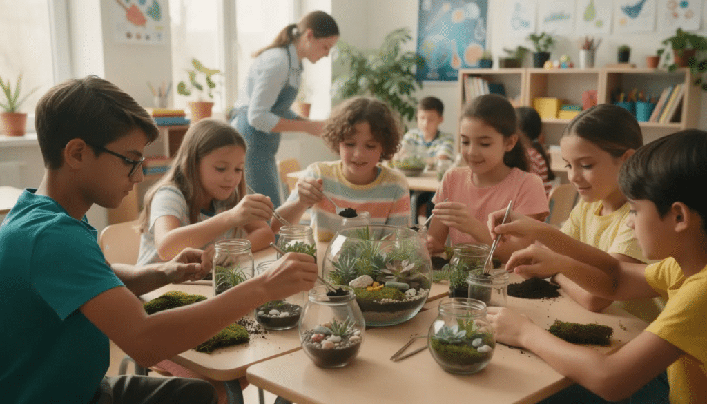 A group of students is collaborating in a classroom, focused on creating terrarium craft projects using various craft supplies. The atmosphere is lively, showcasing their creativity as they work together to complete their unique designs.