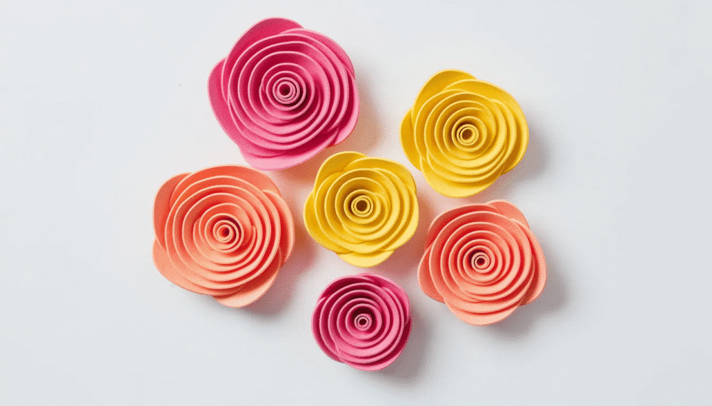 A vibrant arrangement of spiral paper flowers in shades of pink, yellow, and coral is displayed on a white surface, showcasing the beauty of paper craft. These handmade flowers are perfect for adding a creative touch to card making, gift wrap, or party decorations.