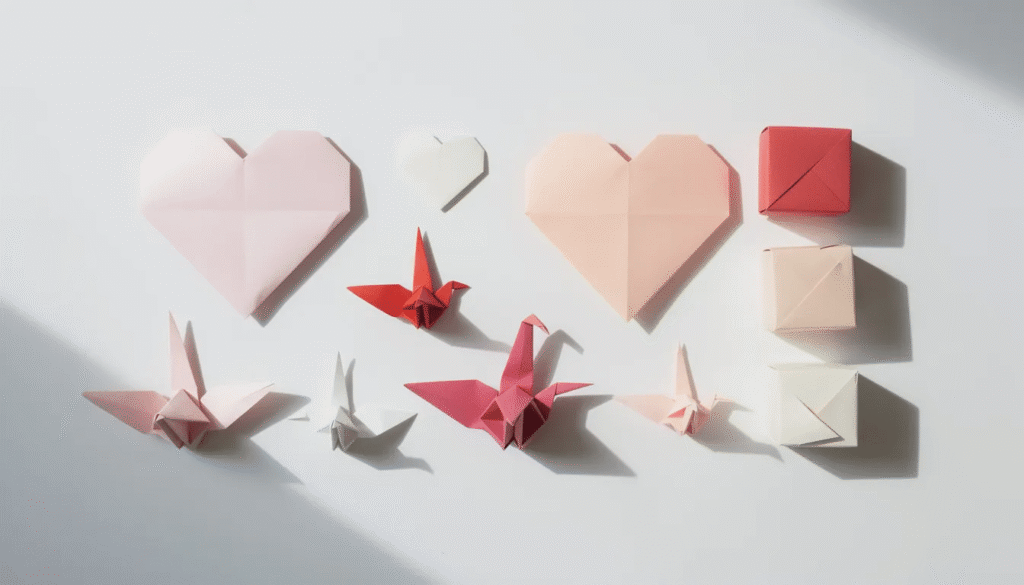 The image features a collection of origami hearts and simple folded shapes, showcasing various paper craft techniques. These colorful creations are perfect for card making, gift wrap, or as decorative elements for parties and scrapbooks.