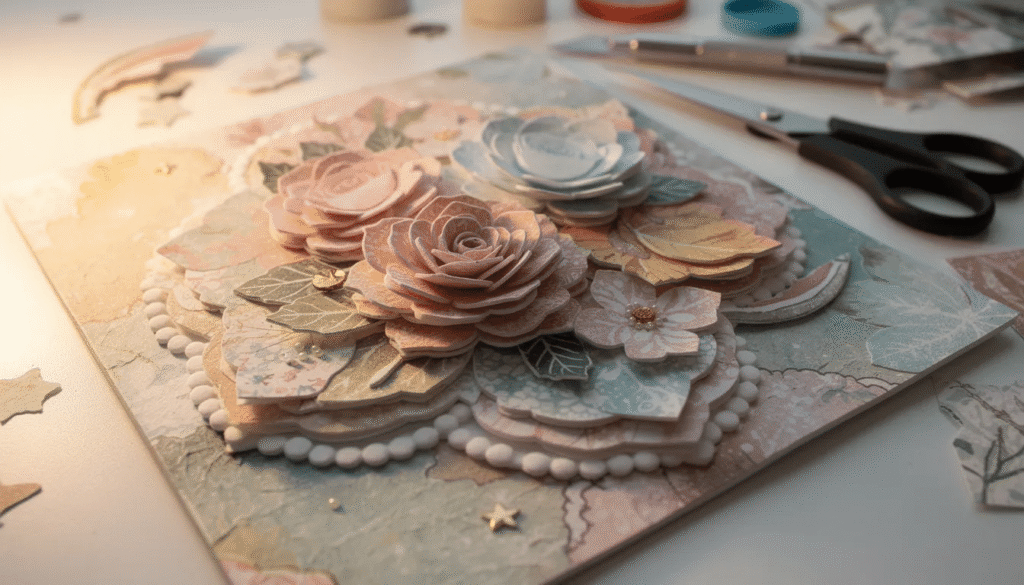 The image showcases a beautifully crafted layered decoupage project that creates stunning 3D effects, featuring vibrant paper flowers and intricate patterns. This paper craft emphasizes new techniques and creative ideas for card making and gift wrap, making it a perfect DIY activity for family and friends.