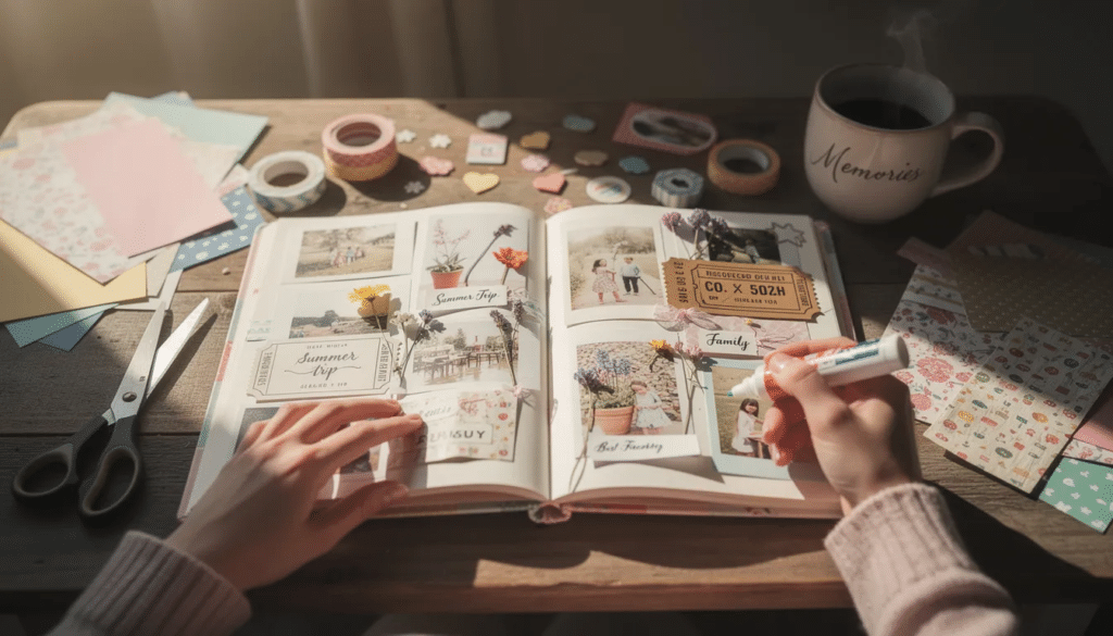 The image showcases a vibrant scrapbook filled with various paper craft elements, including colorful paper flowers, handmade cards, and decorative embellishments, all arranged creatively on a table. Tools like scissors, ink pads, and glue are visible, highlighting the fun and artistic process of preserving memories through scrapbooking.