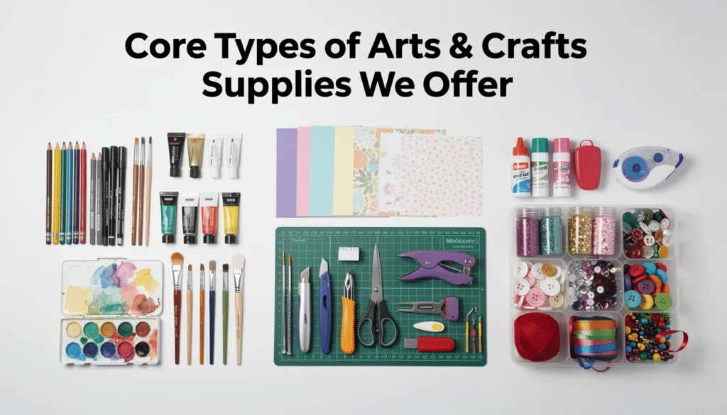 The image showcases a vibrant collection of various arts and crafts supplies, including colorful yarn, watercolor paints, and assorted shapes of paper, perfect for creative projects that enhance fine motor skills in children. Essential tools like scissors, glue, and markers are also displayed, inviting fun and creativity for all ages.