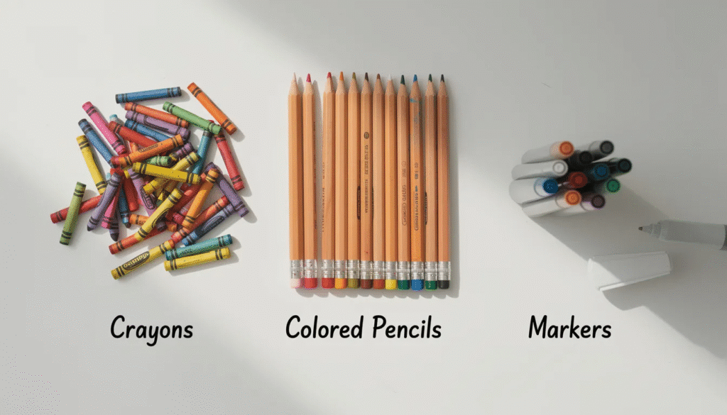 The image showcases a vibrant collection of drawing tools including crayons, colored pencils, and markers, all arranged neatly on a table. These essential crafts supplies arts are perfect for enhancing creativity and fine motor skills in children, making them ideal for various creative projects in the classroom or at home.