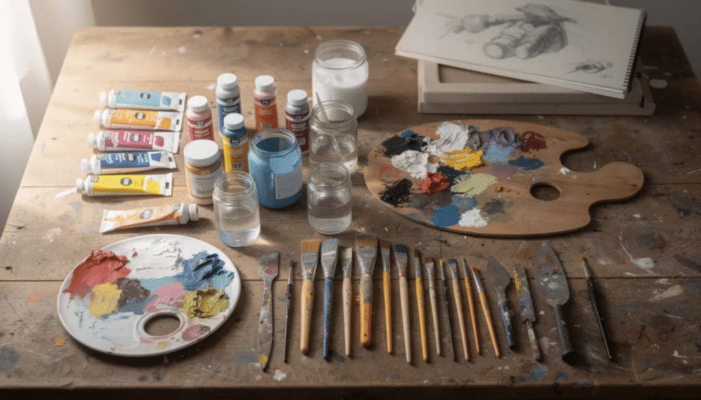 The image features an array of vibrant watercolor paints and essential painting tools, including brushes and palettes, arranged neatly on a table. This collection of arts and crafts supplies is perfect for creative projects, enhancing fine motor skills for children and adults alike.