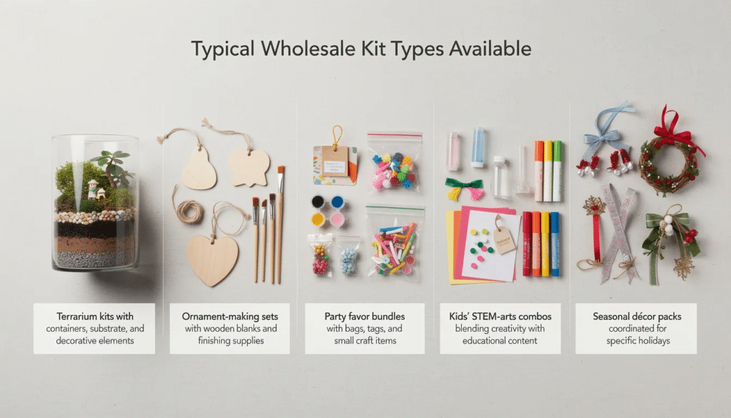 The image showcases a variety of typical wholesale kit types available for crafting, including terrarium kits with containers and decorative elements, ornament-making sets with wooden blanks, party favor bundles, kids' STEM-arts combos, and seasonal décor packs for specific holidays. These kits offer a diverse selection of craft supplies to inspire creativity and support various projects.