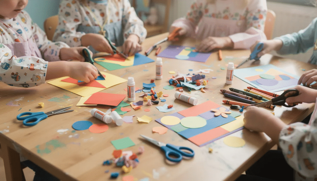 Children's hands are busy creating colorful projects with assorted craft supplies, including vibrant paper, glue, and scissors, at a classroom table. The scene showcases their creativity and fine motor skills as they explore various materials to enhance their artistic expression.