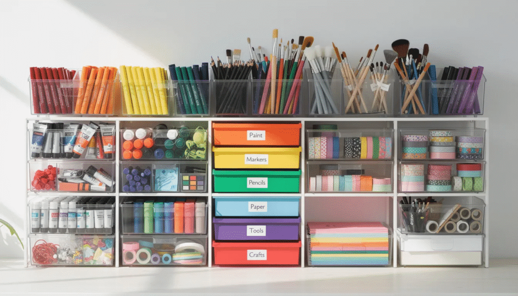 The image features a vibrant collection of organized art supplies stored in clear bins and rainbow-colored storage drawers on shelving, showcasing various materials like watercolor paints, crayons, and markers. This colorful arrangement promotes creativity and is ideal for fun arts and crafts projects, making it accessible for children and enhancing fine motor skills.