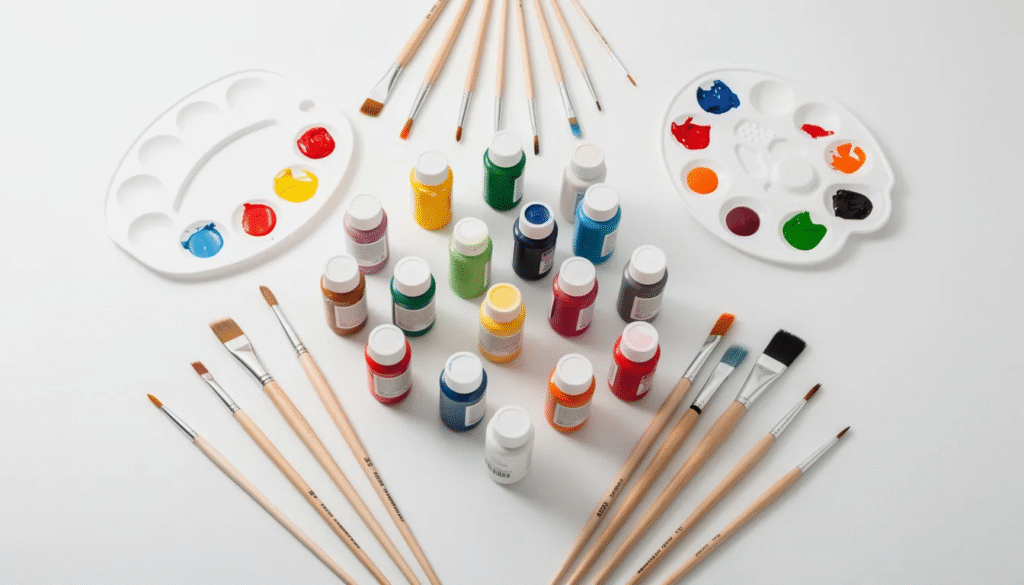 The image features an array of vibrant paint bottles, assorted brushes in various sizes, and plastic palettes, all neatly arranged on a white surface, showcasing essential tools for creative projects. This colorful collection of craft supplies arts invites fun and creativity, perfect for enhancing fine motor skills in children and artists of all ages.