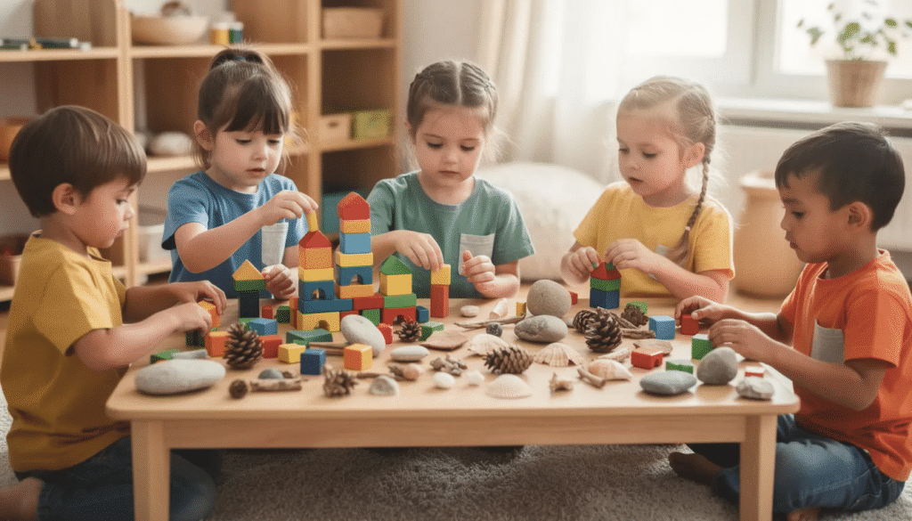 A group of young children is gathered around a table, eagerly exploring a variety of colorful building blocks alongside natural materials like pinecones and shells. This hands-on learning activity encourages fine motor skills and creativity as they engage in fun, interactive games that promote essential skills for their physical development and early literacy.