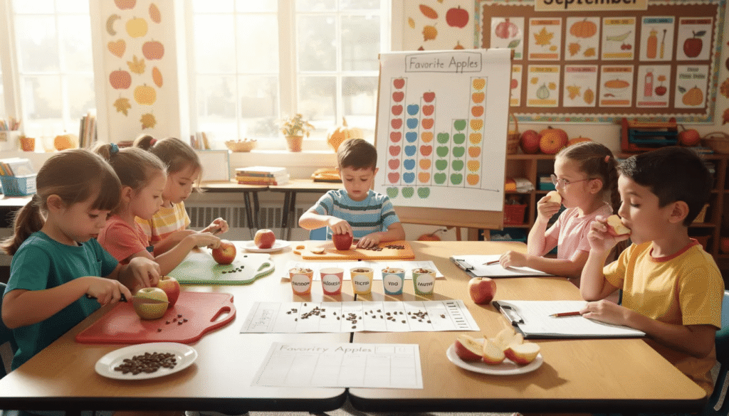 The image depicts young learners in a kindergarten classroom engaged in hands-on learning activities centered around apples. Children are cutting apples, counting seeds, and tasting different varieties, while also graphing their favorite types, promoting fine motor skills and essential math concepts through interactive play.