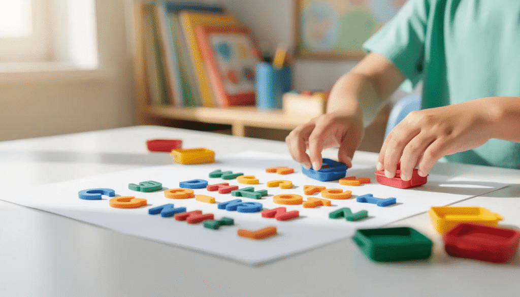 A child's hands are pressing colorful letter stamps onto a sheet of construction paper at a bright classroom table, engaging in hands-on learning activities that promote fine motor skills and early literacy. This fun and interactive experience encourages young learners to explore letters and shapes while developing their creativity and critical thinking.